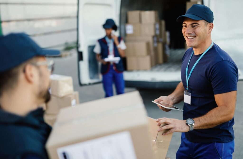 Três trabalhadores de logística utilizam uniforme azul e crachá, enquanto descarregam caixas de papelão de uma van.
