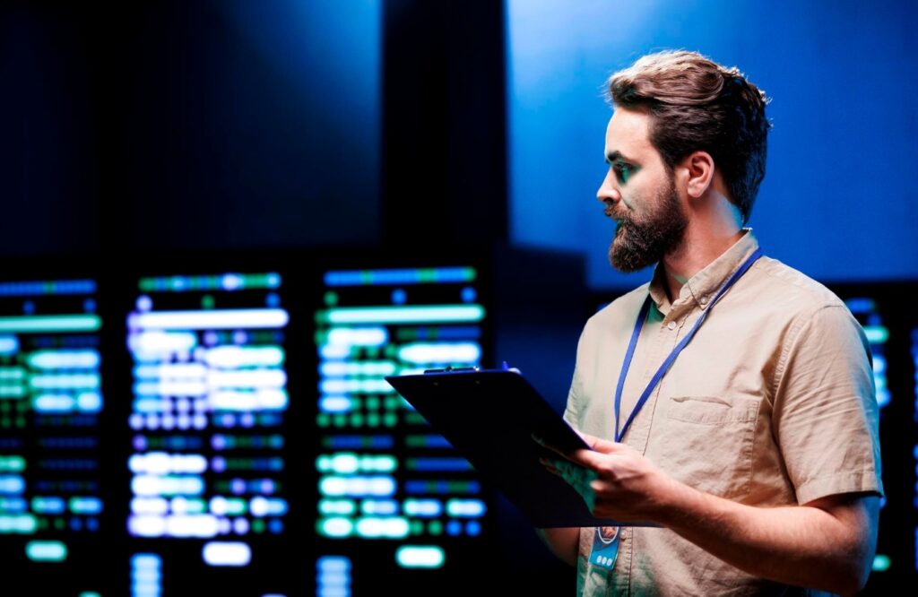 Homem em um ambiente corporativo de TI, segundando um tablet em que opera em um sistema de virtualização.