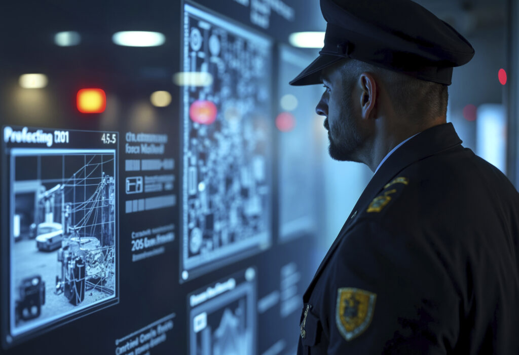 Um policial utilizando a tecnologia na segurança pública, quanto observa uma tela com de monitoramento.