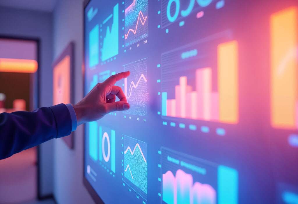 Uma mão apontando para uma tela com gráficos de indicadores de NOC.