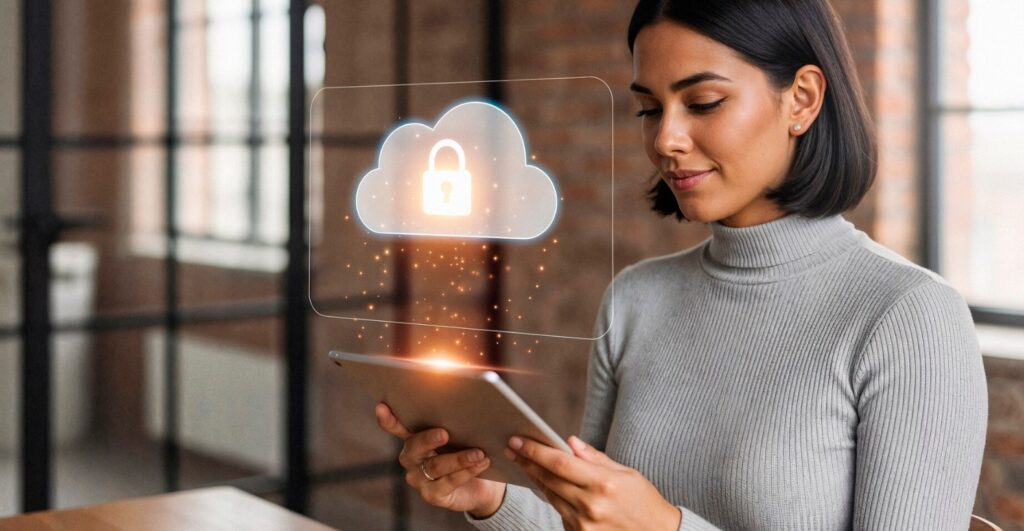 Uma mulher segura um tablet. Em cima dele, um holograma com o desenho de uma nuvem com cadeado representam os conceitos de cloud first e cloud only.