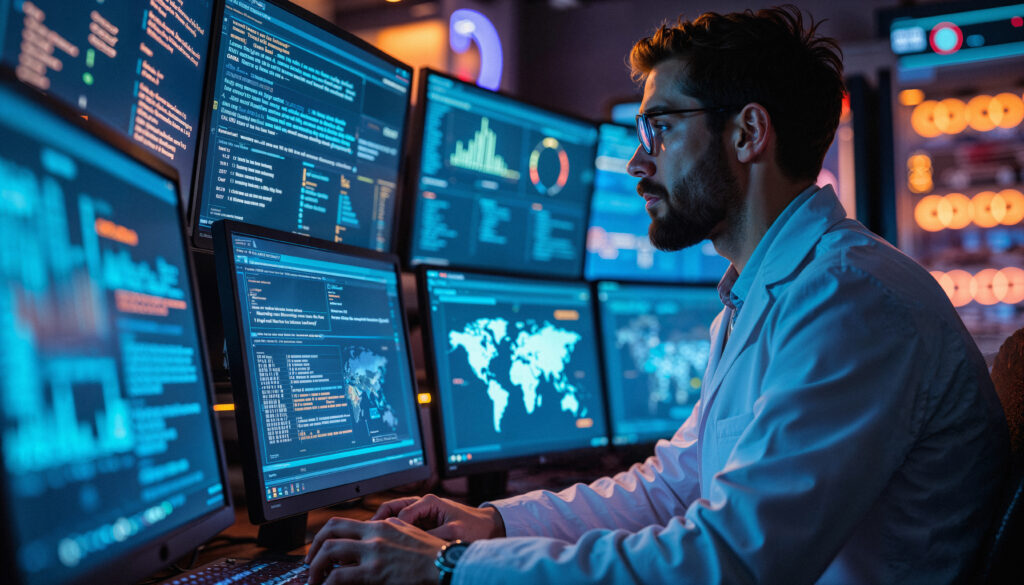 Homem em uma estação de trabalho repleta de monitores, fazendo o trabalho de observabilidade e monitoramento.