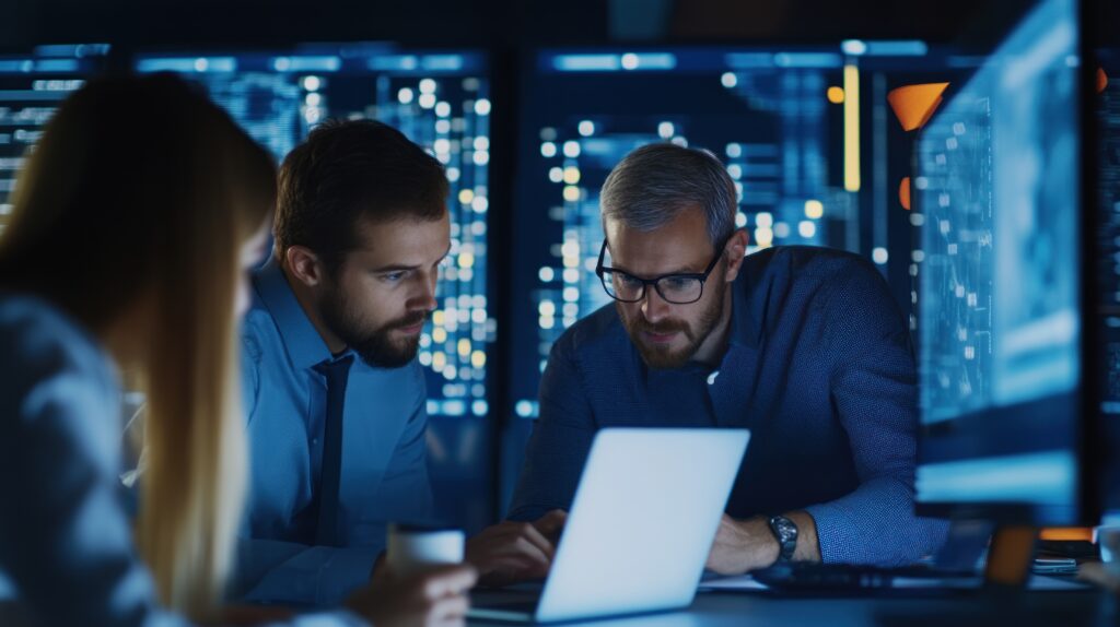 Equipe de cibersegurança com três pessoas trabalhando em um escritório. Eles estão utilizando dois computadores, enquanto analisam um SOC.
