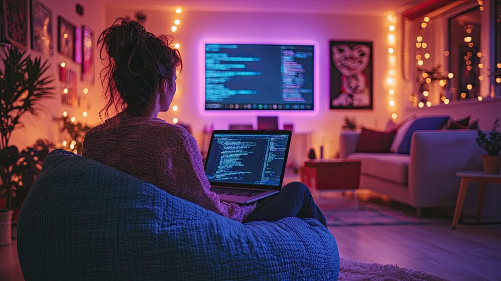Mulher programando no estilo vibe coding: sentada confortavelmente em um puff, com computador no colo, em uma sala com luz baixa e decoração alegre de quadros e varais de luzes.