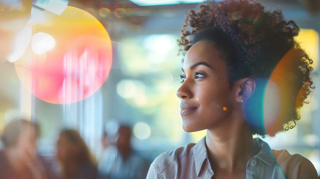 Mulher em destaque no ambiente corporativo. Ao fundo, pessoas desfocadas conversando. Representação do fator humano nas tendências de tecnologia.