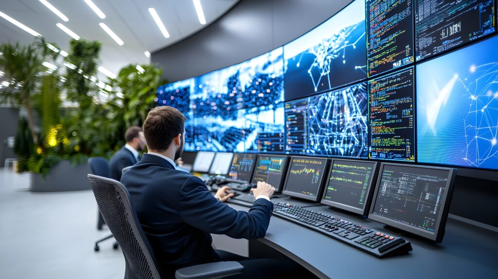 Equipe qualificada monitorando a estabilidade da rede em sala de controle com grandes telas digitais e tecnologia avançada de um SOC inteligente.