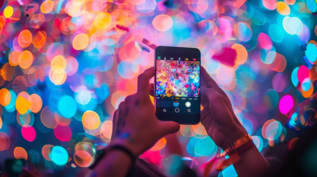 Pessoal aproveitando a tecnologia no carnaval com o celular na palma da mão. Na imagem, duas mãos seguram um celular enquanto fotografa luzes coloridas ao fundo. 