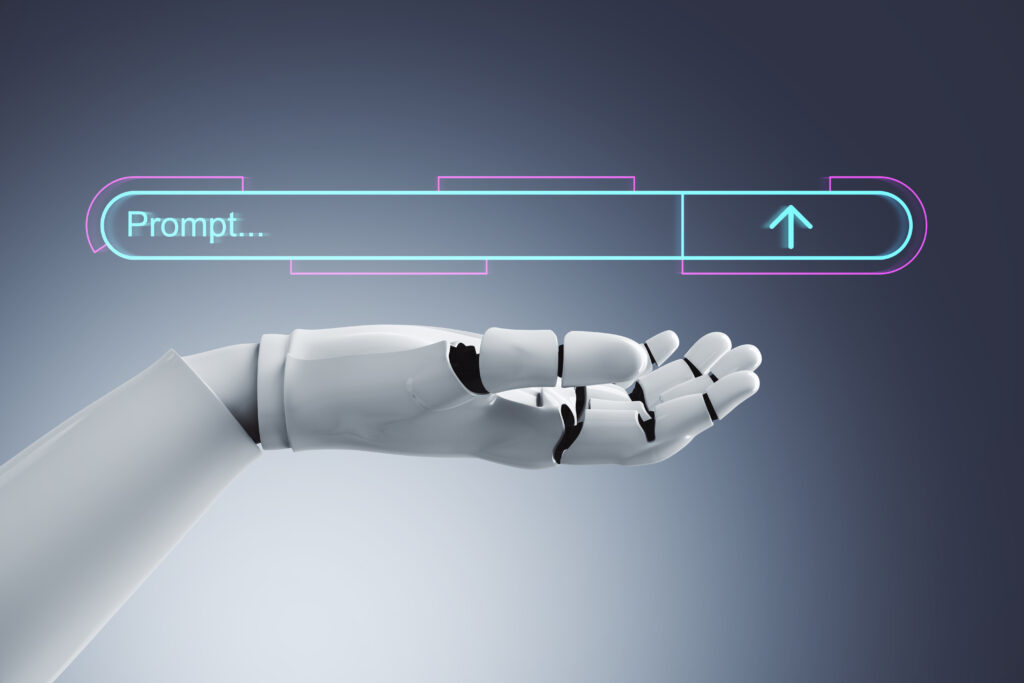 Uma mão robótica alcançando uma barra de pesquisa futurista, onde é possível escrever um prompt.