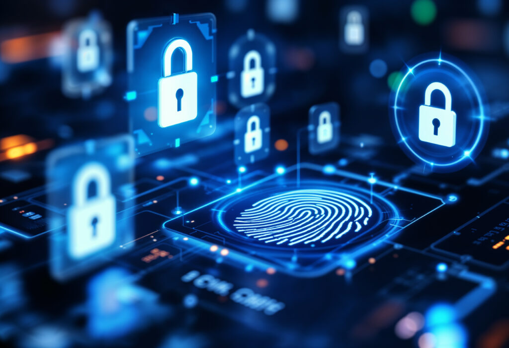Hologramas de cadeados e impressão digital, representando controles de acesso e outras medidas de cibersegurança;