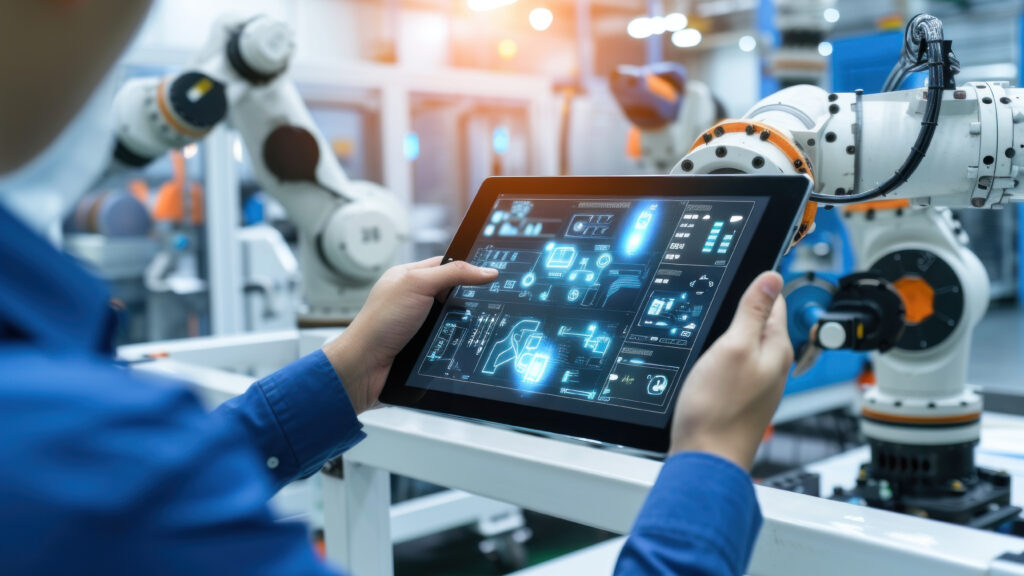 Uma pessoa de costas utiliza um tablet  para visualizar a manutenção preditiva com IoT, em um ambiente industrial, com máquinas ao fundo.