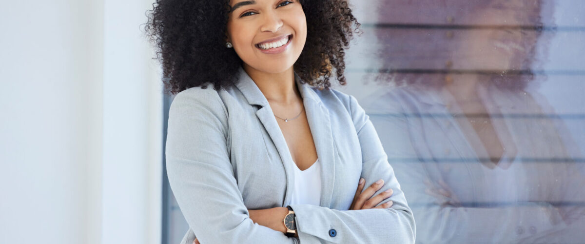 Black woman, business and startup portrait with reflection, smile and happy with entrepreneur, ceo and professional mockup. Executive, leadership and pride, career goals and female business owner