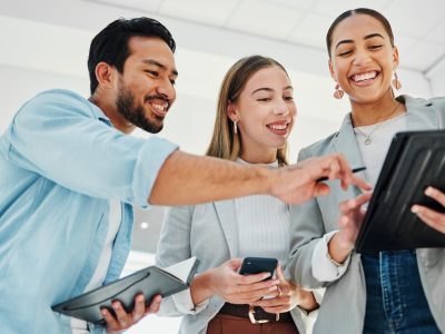 Business people, teamwork and collaboration on tablet for data analytics, marketing results and comparison in office. Professional group of women and man for digital, social media or startup project.
