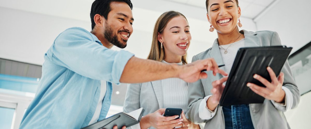 Business people, teamwork and collaboration on tablet for data analytics, marketing results and comparison in office. Professional group of women and man for digital, social media or startup project.