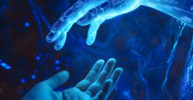 Contact between a cyber hand hand a human hand - Technologies and artificial intelligence concept