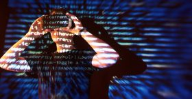 Double exposure of a caucasian man and Virtual reality headset is presumably a gamer or a hacker cracking the code into a secure network or server, with lines of code Double exposure of a caucasian man and Virtual reality VR headset is presumably a gamer or a hacker cracking the code into a secure network or server, with lines of code