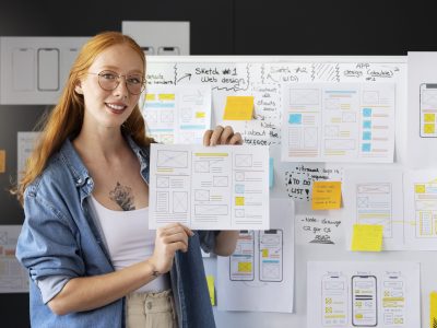 female-web-designer-with-papers-notes-office