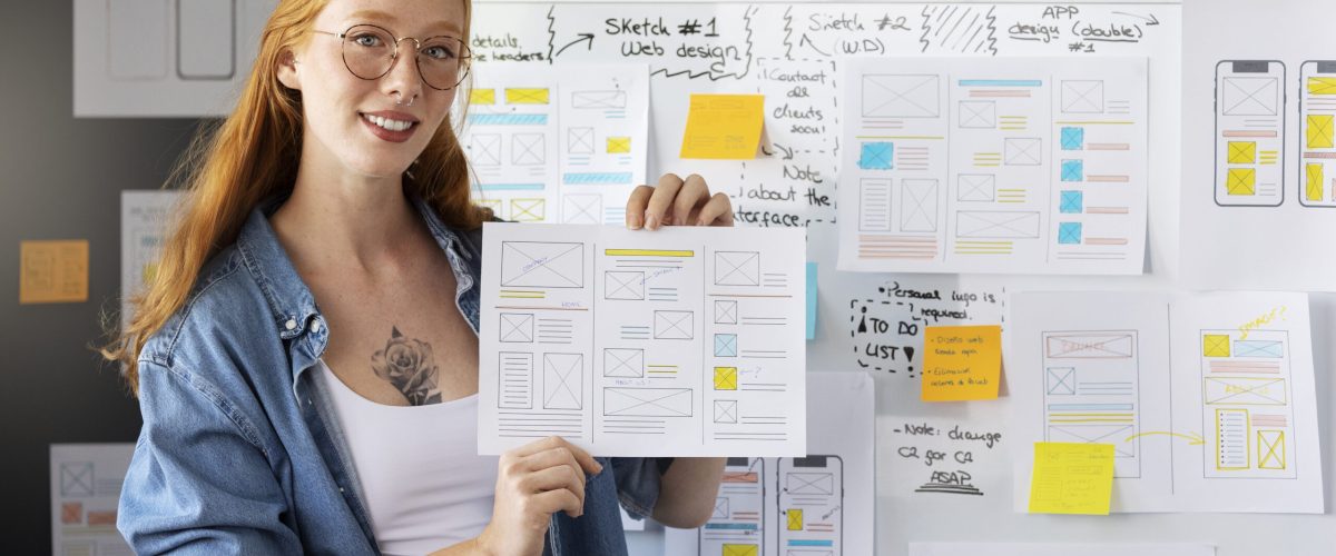 female-web-designer-with-papers-notes-office