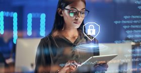 Lock hologram, tablet and woman with data analysis safety, software overlay and cyber security coding at night. Html, script and person reading with digital technology, gdpr and networking research.