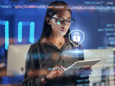 Lock hologram, tablet and woman with data analysis safety, software overlay and cyber security coding at night. Html, script and person reading with digital technology, gdpr and networking research.