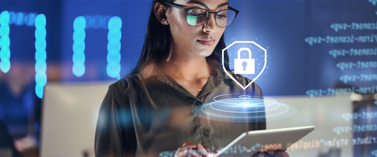 Lock hologram, tablet and woman with data analysis safety, software overlay and cyber security coding at night. Html, script and person reading with digital technology, gdpr and networking research.