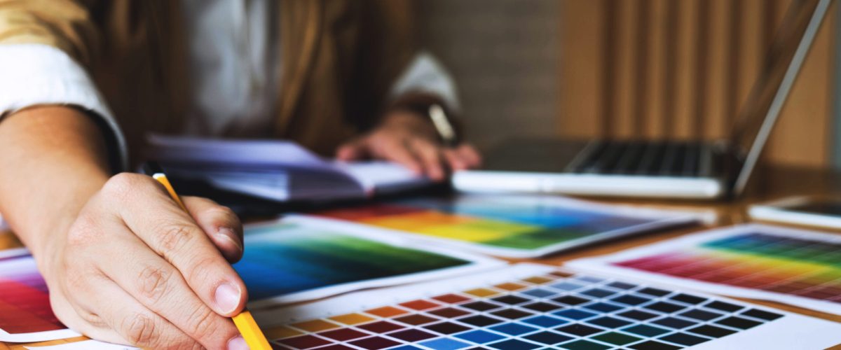 Graphic designers choose colors from the color bands samples for Graphic designers choose colors from the color bands samples for design .Designer graphic creativity work concept .