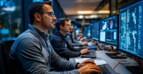 An operations research analyst troubleshooting process inefficiencies, collaborating with colleagues in a modern office An operations research analyst troubleshooting process inefficiencies, collaborating with colleagues in a modern office