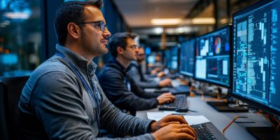 An operations research analyst troubleshooting process inefficiencies, collaborating with colleagues in a modern office