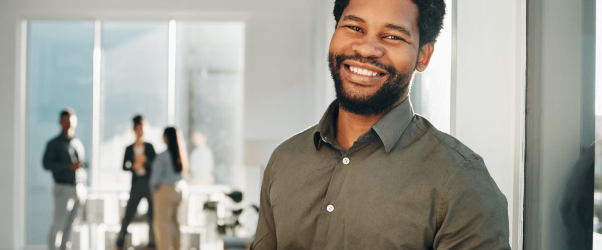 Portrait, digital tablet and black man in office happy, smile and empowered, ambition and mindset. Face and business man or ceo at startup company for management or online project at workplace.