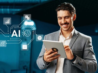 Man in a suit smiles while interacting with a tablet, utilizing artificial intelligence applications. The contemporary office environment enhances the technological vibe.
