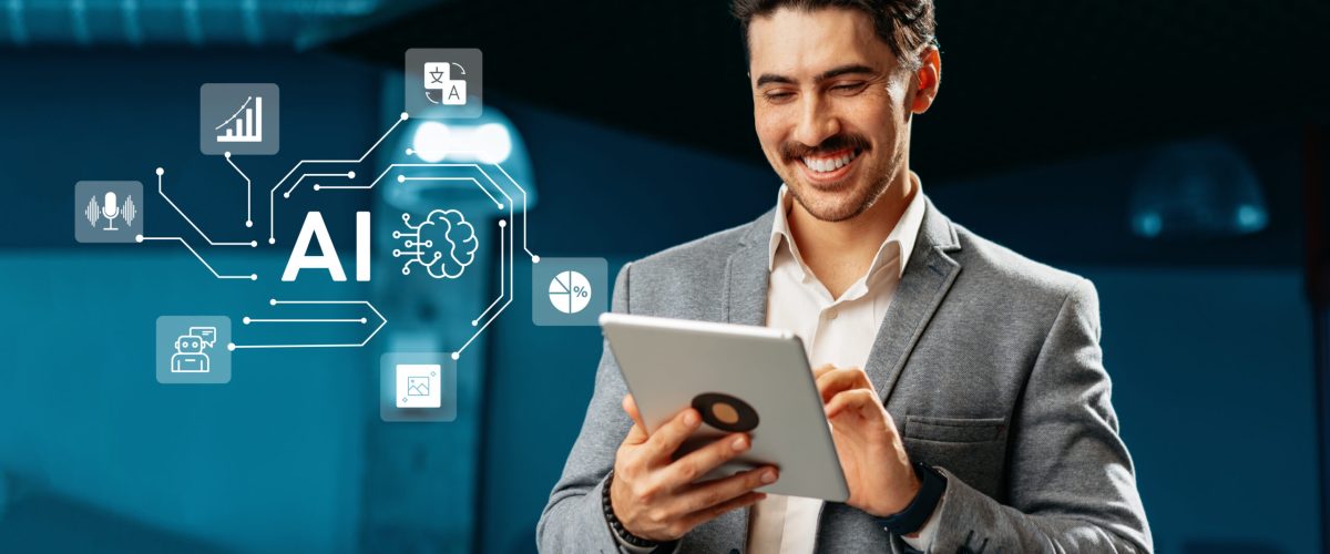Man in a suit smiles while interacting with a tablet, utilizing artificial intelligence applications. The contemporary office environment enhances the technological vibe.