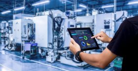 Smart industry control concept.Hands holding tablet on blurred automation machine as background