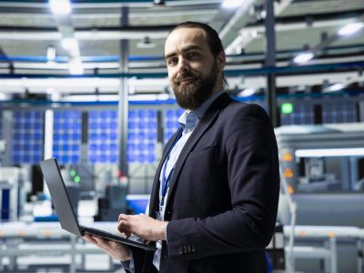 Solar panel industry expert stands in a high tech facility for inspection, quality control production metrics. Professional consultant ensuring industrial operations for innovation.