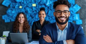 A vibrant scene of a marketing brainstorming session with diverse team members