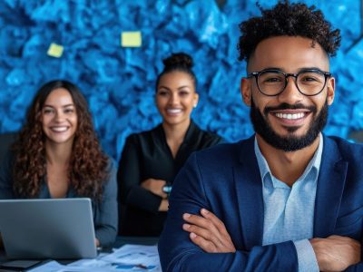 A vibrant scene of a marketing brainstorming session with diverse team members