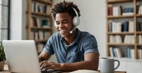 Young freelancer is working from home, enjoying the comfort and flexibility of his own space