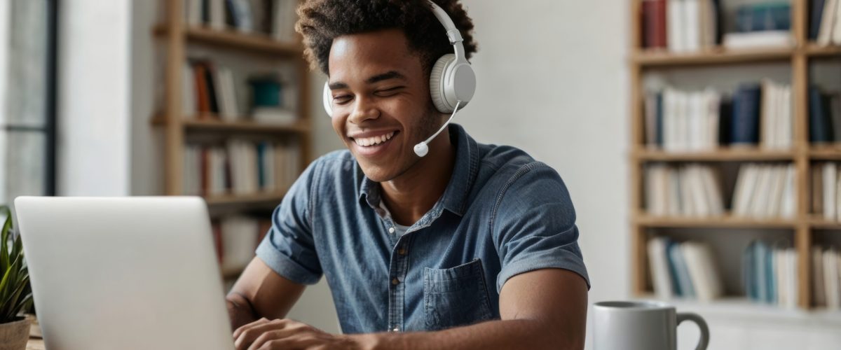 Young freelancer smiling and typing on laptop wearing headphones at home office Young freelancer is working from home, enjoying the comfort and flexibility of his own space