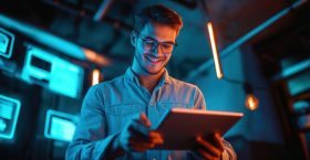 A young man, analyzing trends on a tablet, in a digital marketing workspace A young man, analyzing trends on a tablet, in a digital marketing workspace