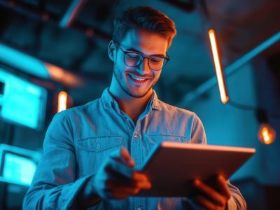 A young man, analyzing trends on a tablet, in a digital marketing workspace