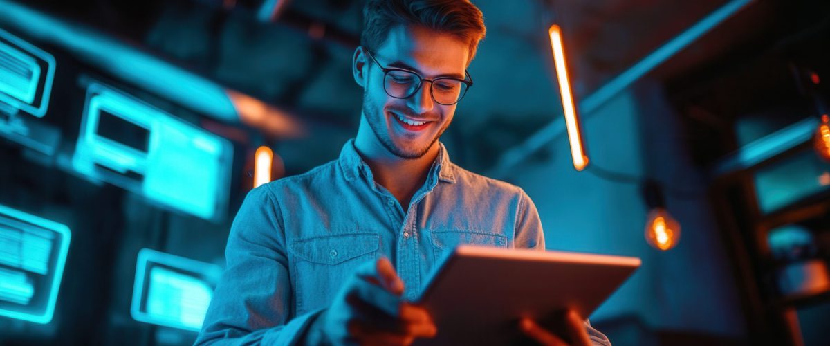A young man, analyzing trends on a tablet, in a digital marketing workspace A young man, analyzing trends on a tablet, in a digital marketing workspace
